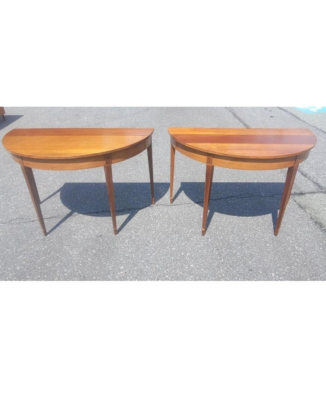 A Pair of 1920s American Federal Inlaid Mahogany Large Demilune Console Tables . Measures 48