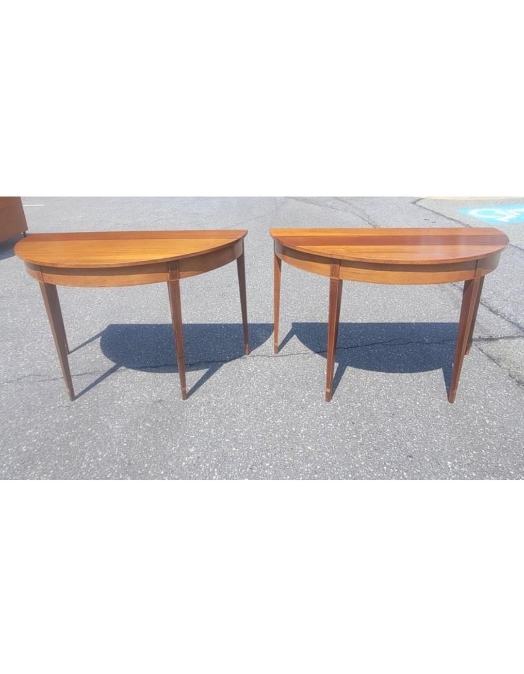 American Pair 1920s Federal Satinwood Inlaid Mahogany Large Demilune Console Tables For Sale