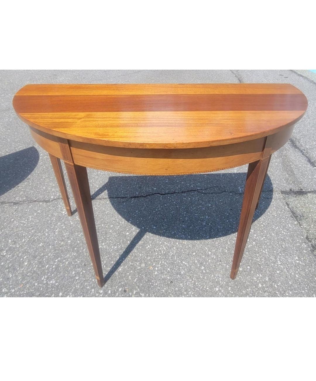 20th Century Pair 1920s Federal Satinwood Inlaid Mahogany Large Demilune Console Tables For Sale