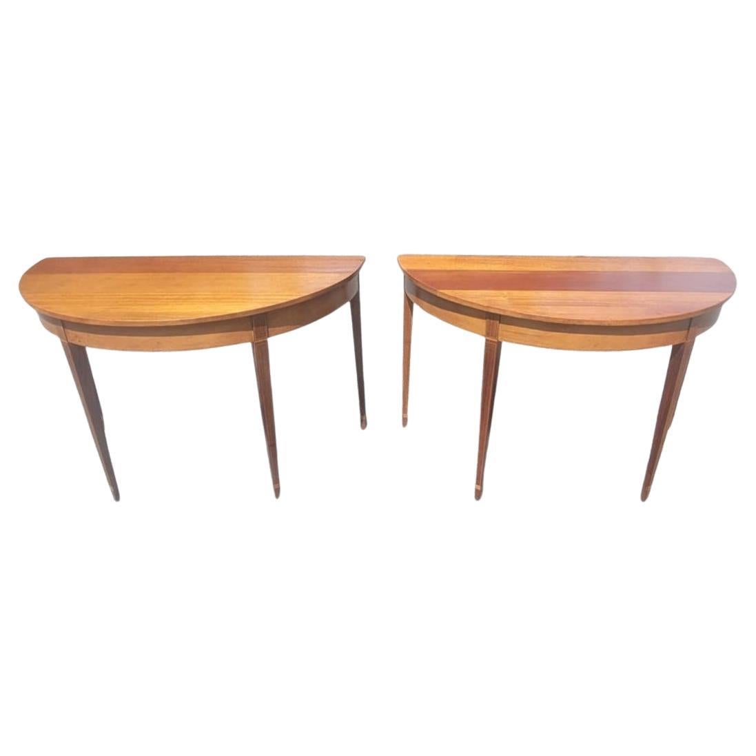 Pair 1920s Federal Satinwood Inlaid Mahogany Large Demilune Console Tables For Sale