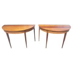 Pair 1920s Federal Satinwood Inlaid Mahogany Large Demilune Console Tables