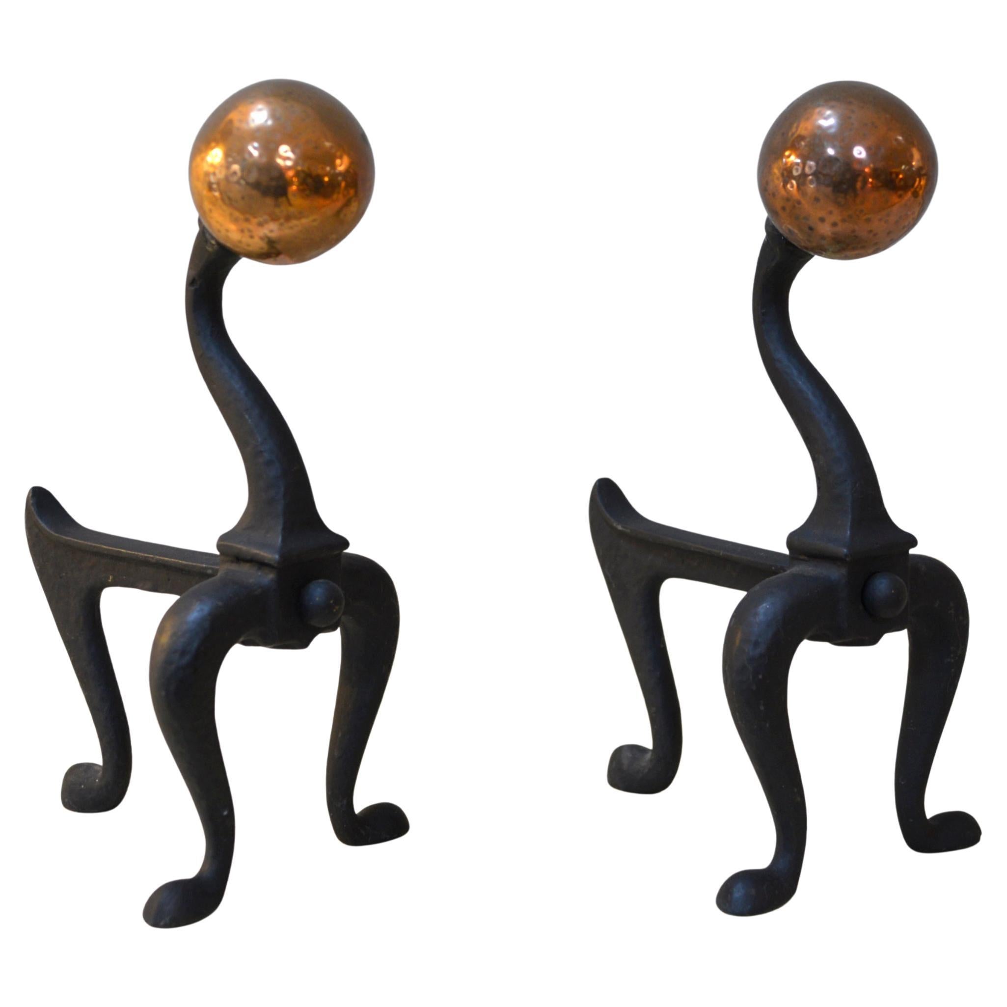 Pair 1920s Andirons Firedogs Brass Copper Cast iron Fireplace Arts & Crafts