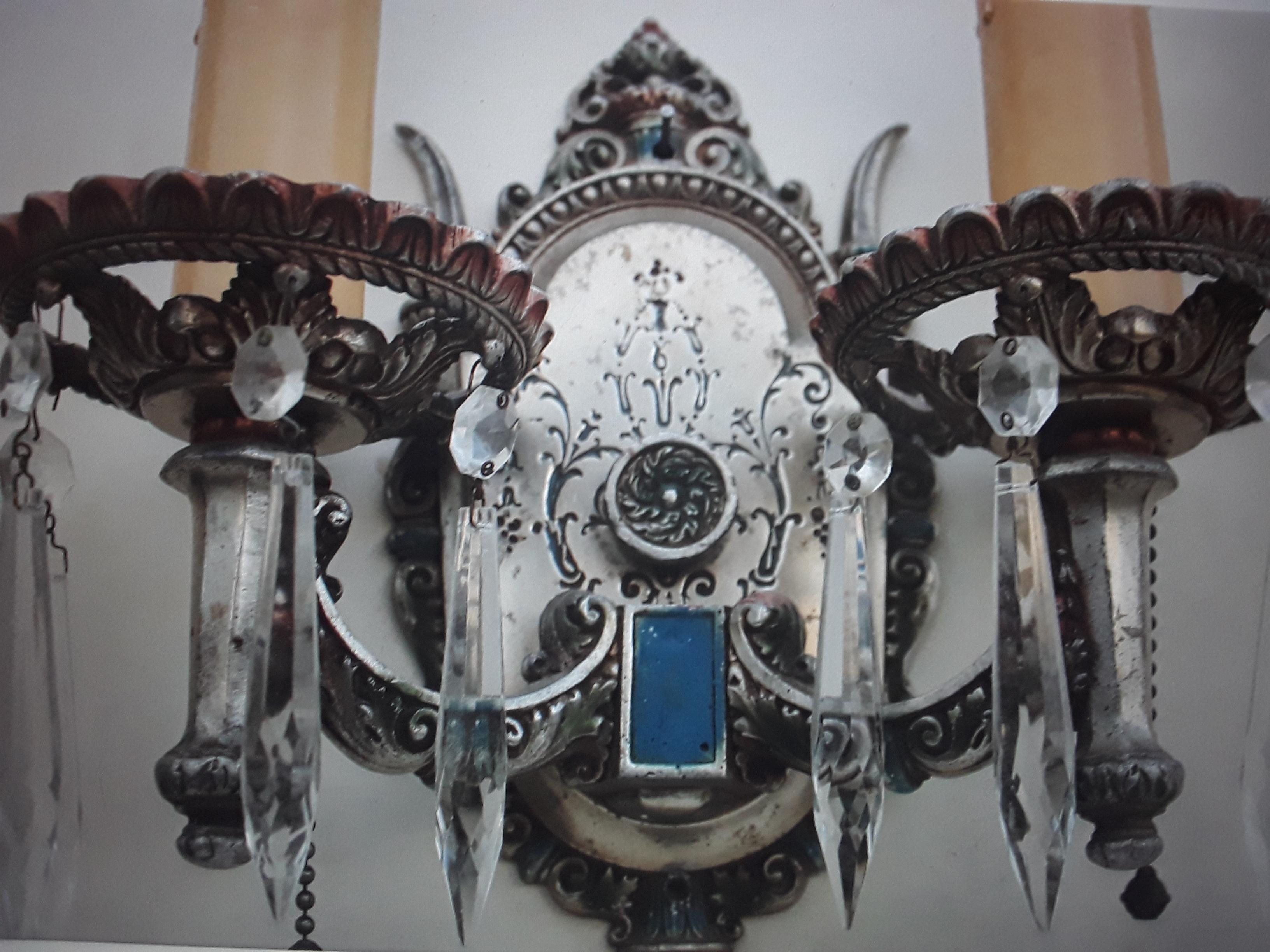 American Pair 1920's Antique Rennaisance Revival Silvered & Decorated Wall Sconces For Sale