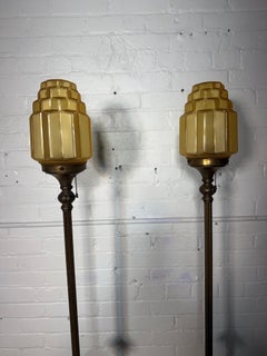 Pair 1920's Art Deco Bronzed Metal & Carmel Glass Floor lamps / Torchere's