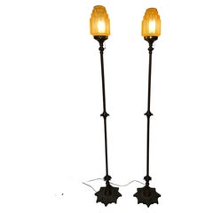 Pair 1920's Art Deco Bronzed Metal & Carmel Glass Floor lamps / Torchere's
