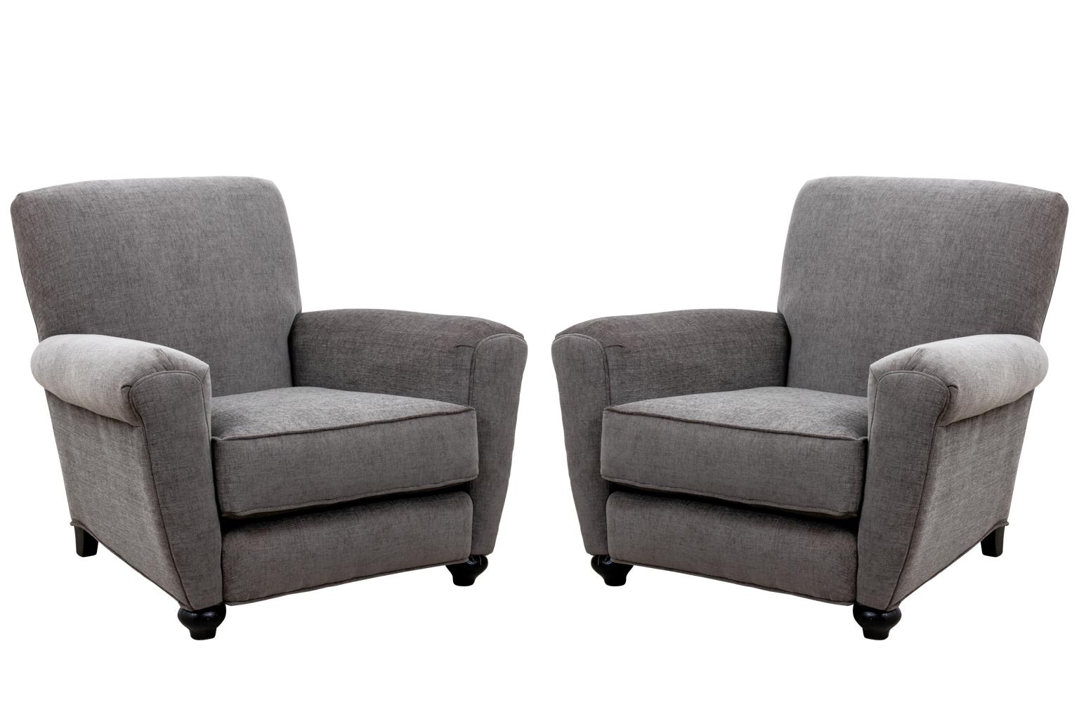 Pair 1920's sexy Art Deco club chairs newly upholstered in grey.