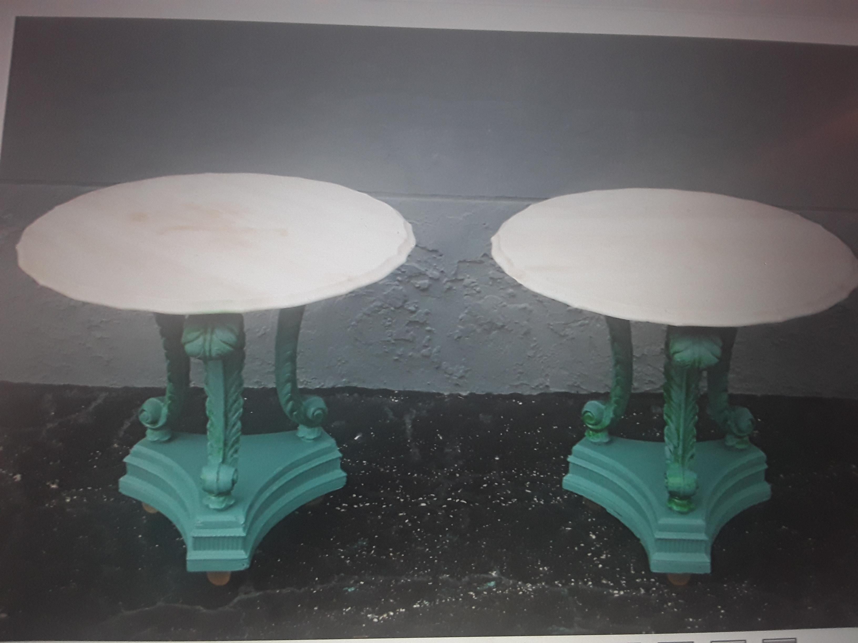 Pair 1920's Art Deco Marble Top Blue Metal Plume/ Feather Side Tables For Sale 6