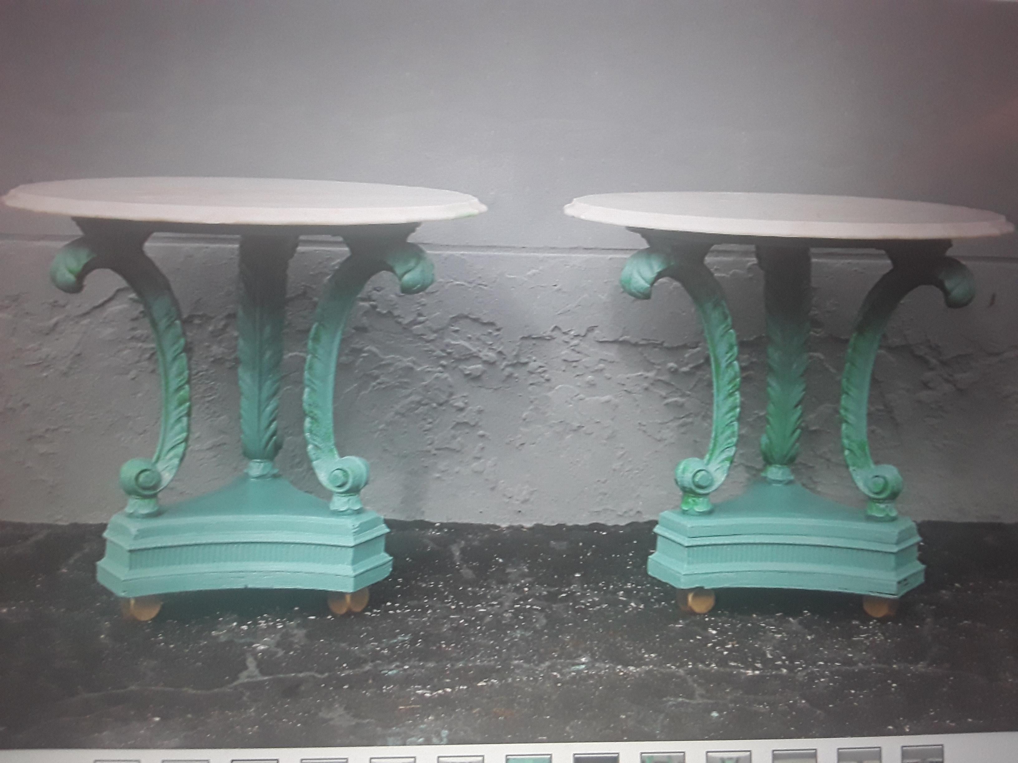 Pair 1920's Art Deco Marble Top Blue Metal Plume/ Feather Side Tables For Sale 7