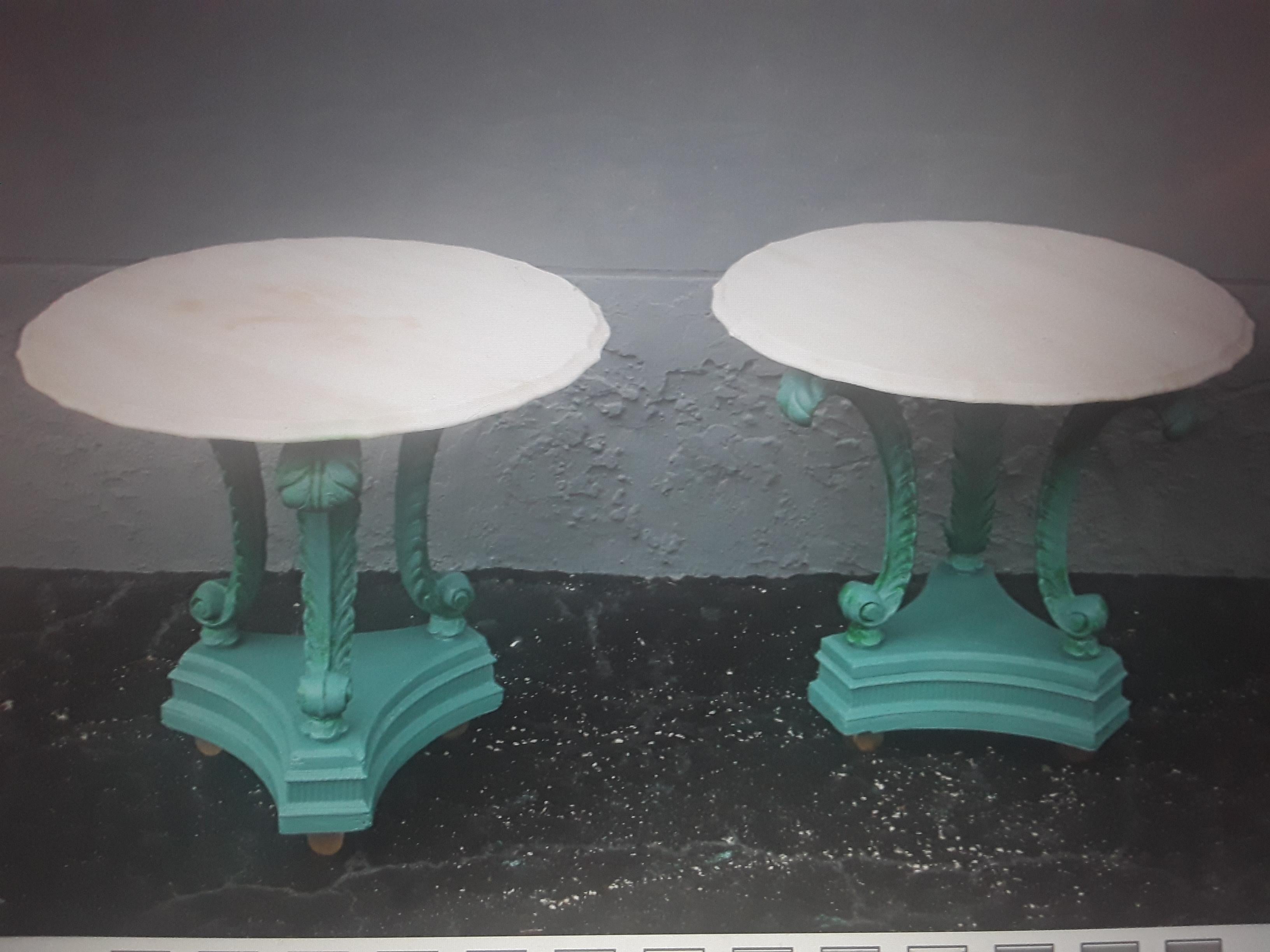 Pair 1920's Art Deco Marble Top Blue Metal Plume/ Feather Side Tables For Sale 8
