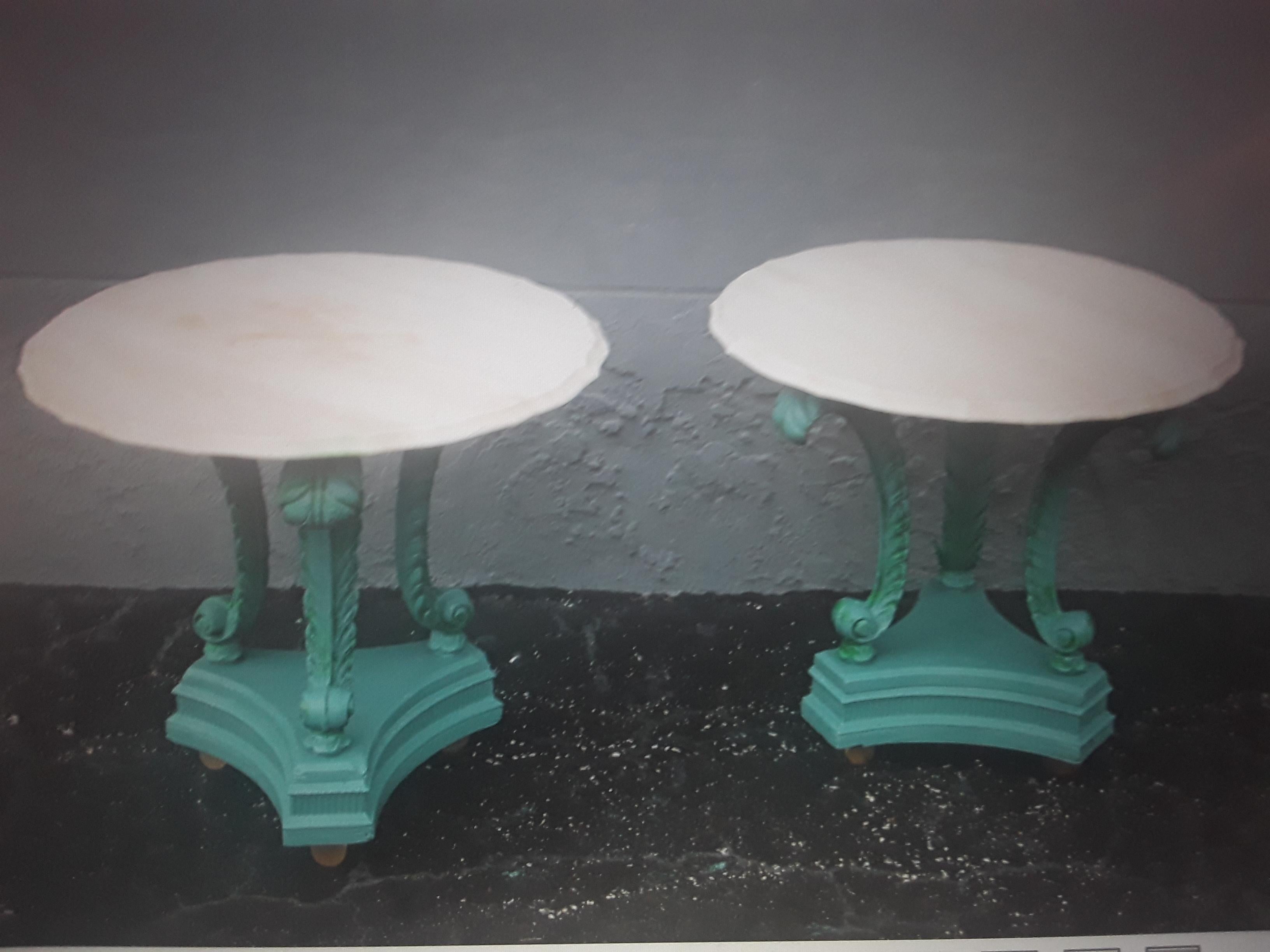 Pair 1920's Art Deco Marble Top Blue Metal Plume/ Feather Side Tables For Sale 9