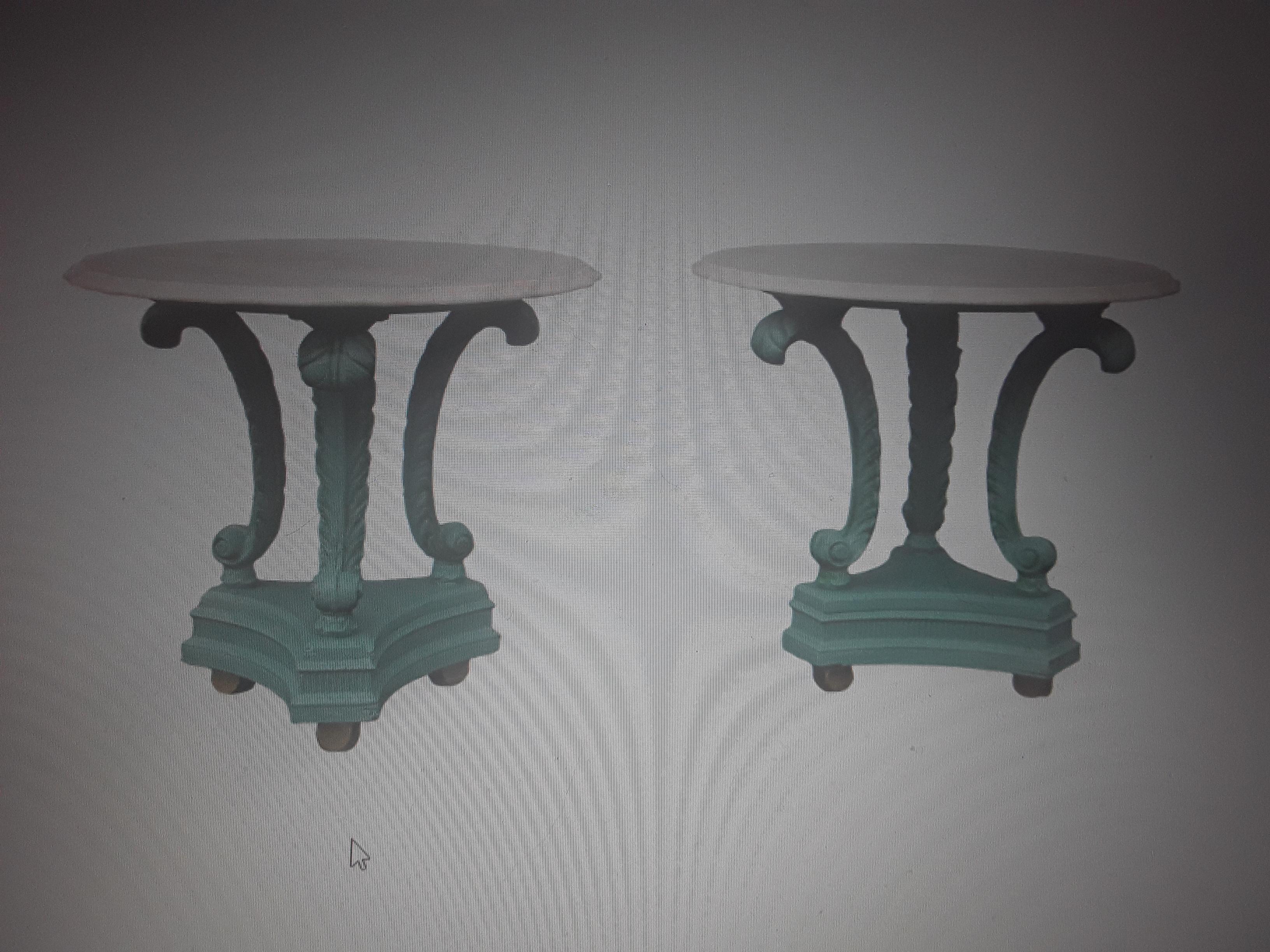 Pair 1920's Art Deco Marble Top Blue Metal Plume/ Feather Side Tables For Sale 10