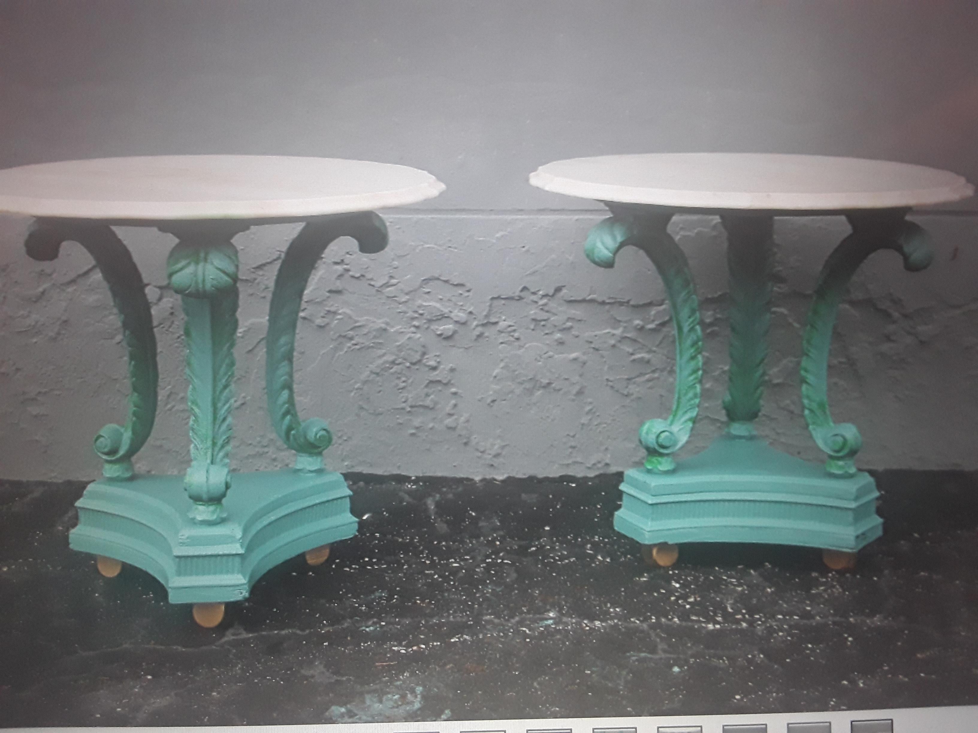 Pair 1920's Art Deco Marble Top Blue Metal Plume/ Feather Side Tables. Lovely blue. Statement tables.