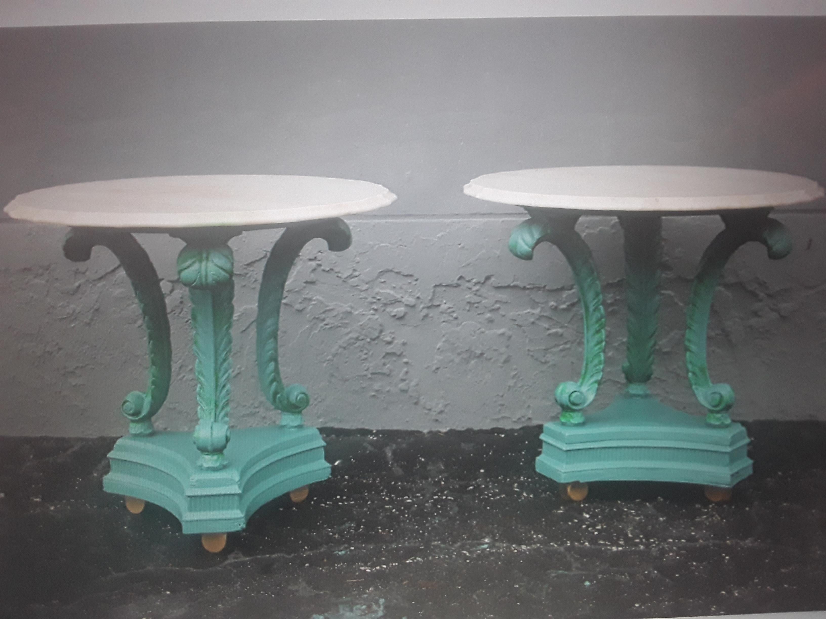 American Pair 1920's Art Deco Marble Top Blue Metal Plume/ Feather Side Tables For Sale