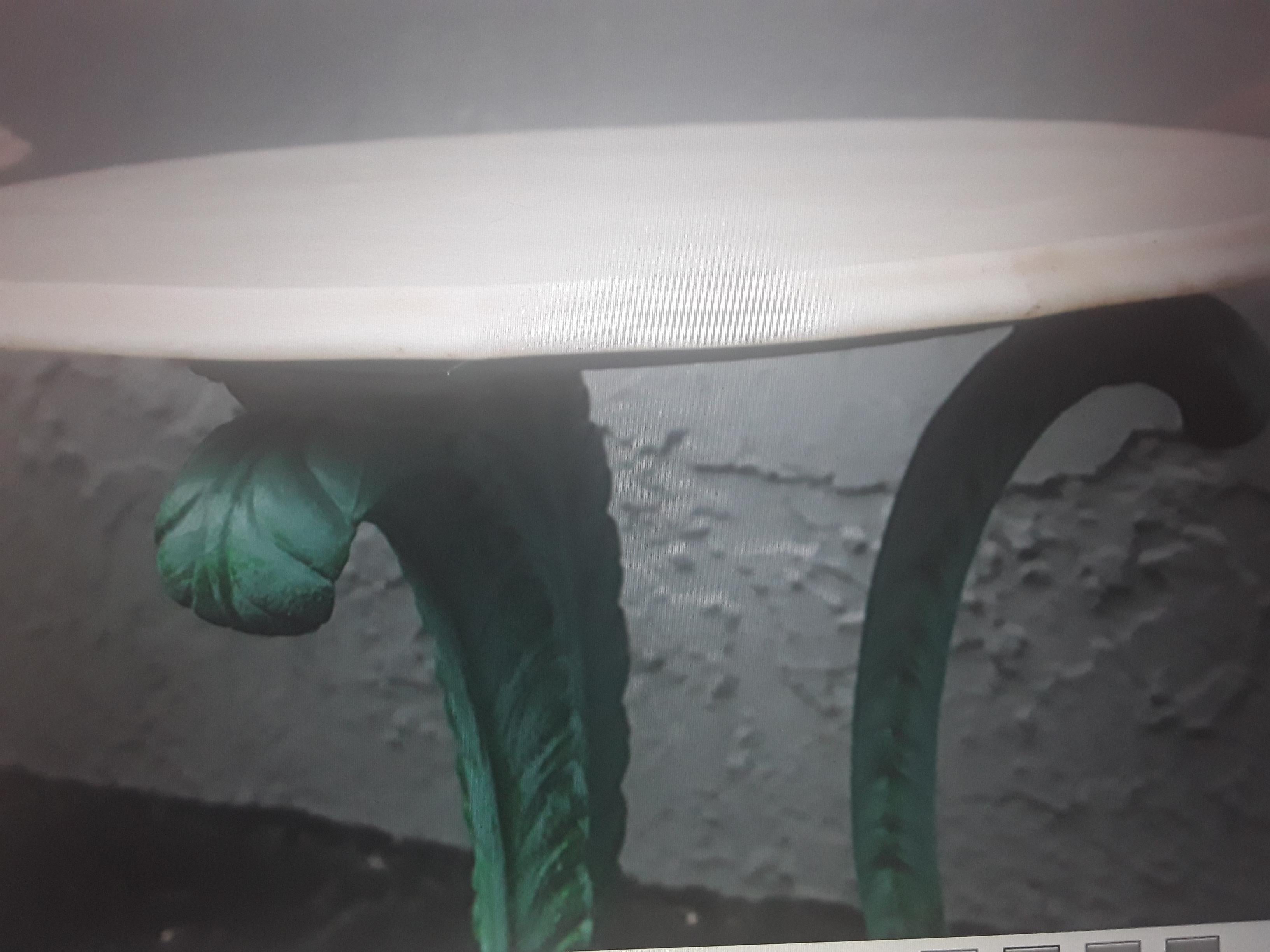Pair 1920's Art Deco Marble Top Blue Metal Plume/ Feather Side Tables In Good Condition For Sale In Opa Locka, FL