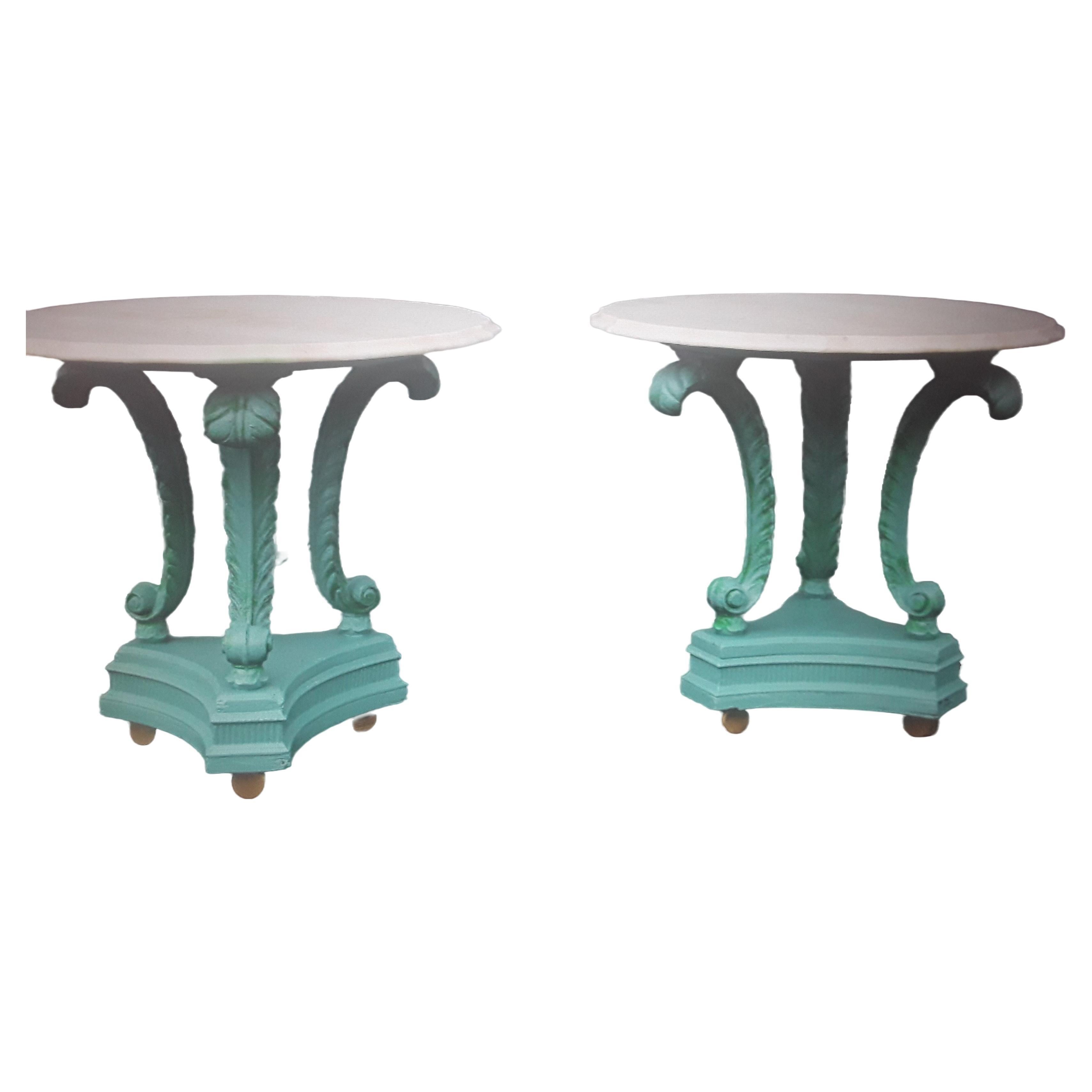 Pair 1920's Art Deco Marble Top Blue Metal Plume/ Feather Side Tables For Sale