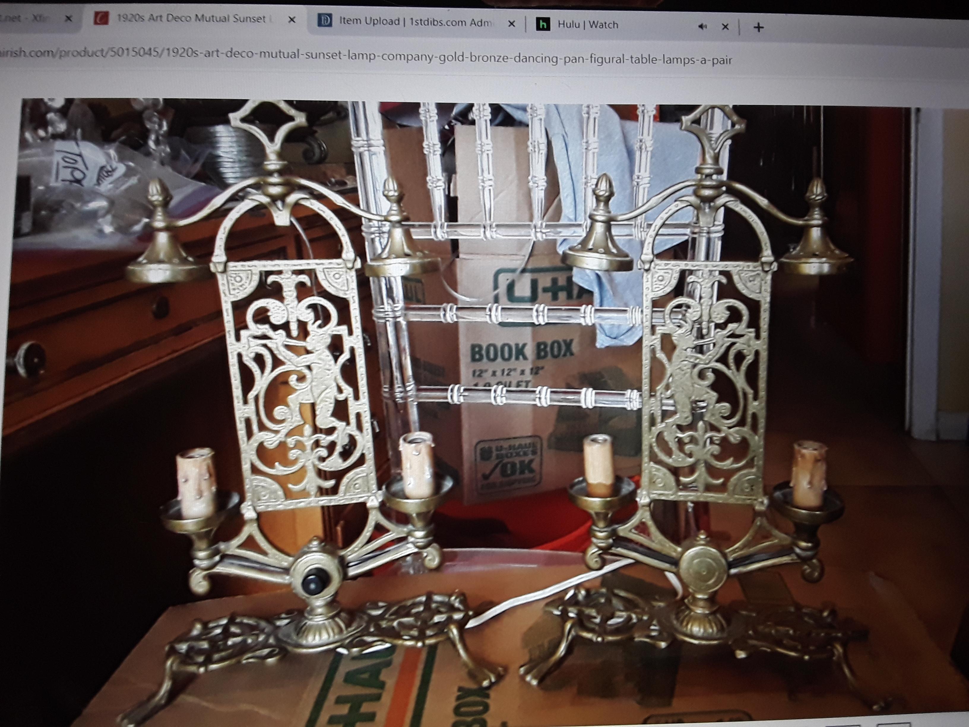 Pareja 1920s Art Decó Mutual Sunset Lamp Company Bronce 
