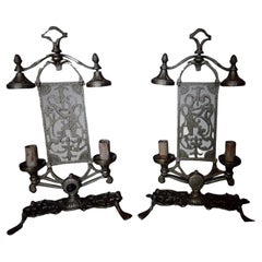 Pair 1920s Art Deco Mutual Sunset Lamp Company Bronze "Pan and His Flute" Singed