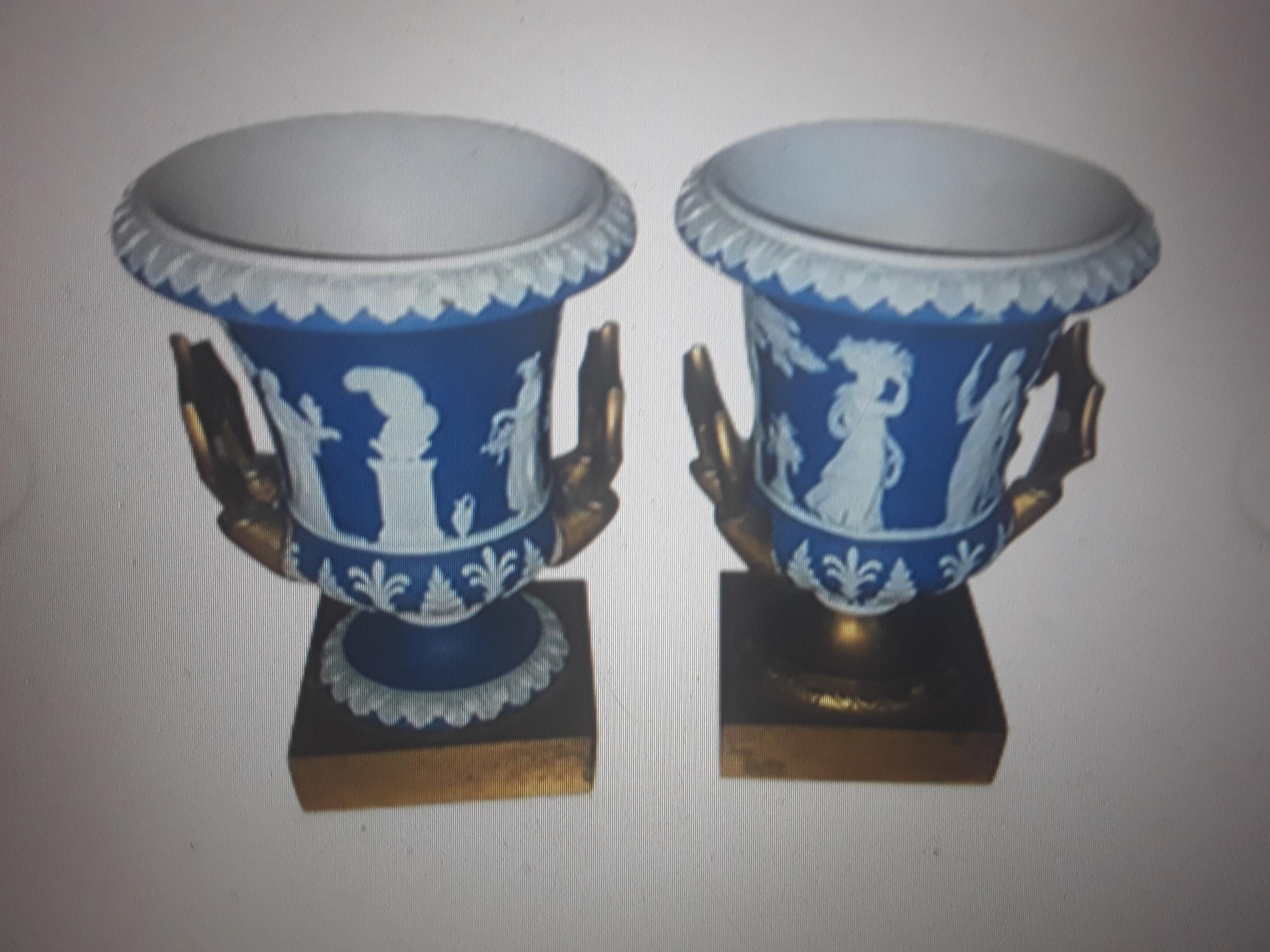 Pair Antique Wedgwood Bone China Blue Urns with Brass Handles and Base. Signed and in ready to show condition. Smaller sized, highly detailed.