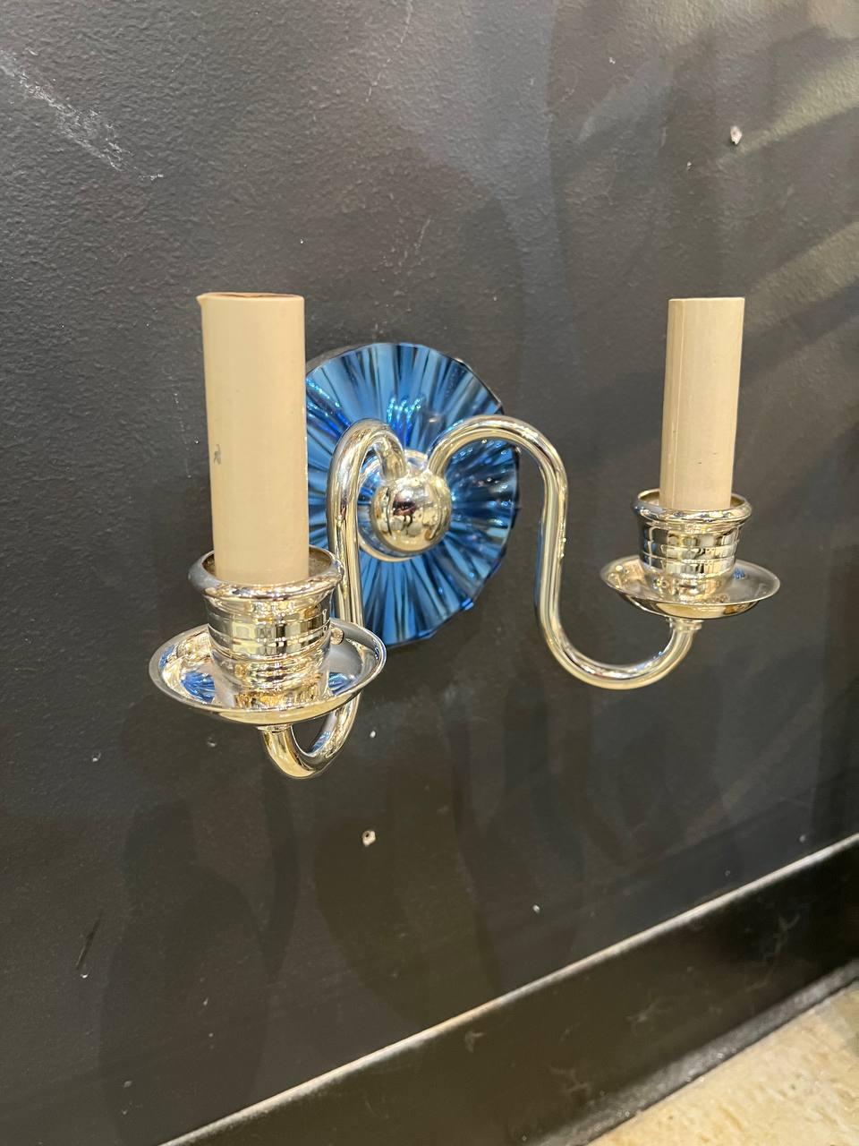 Pair 1920's Silver Plated and Beveled Cobalt Mirror Sconces In Good Condition For Sale In New York, NY