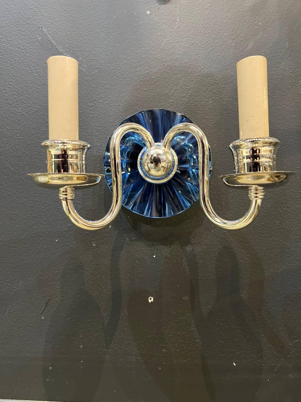 Early 20th Century Pair 1920's Silver Plated and Beveled Cobalt Mirror Sconces For Sale