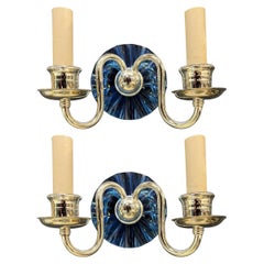 Pair 1920's Silver Plated and Beveled Cobalt Mirror Sconces