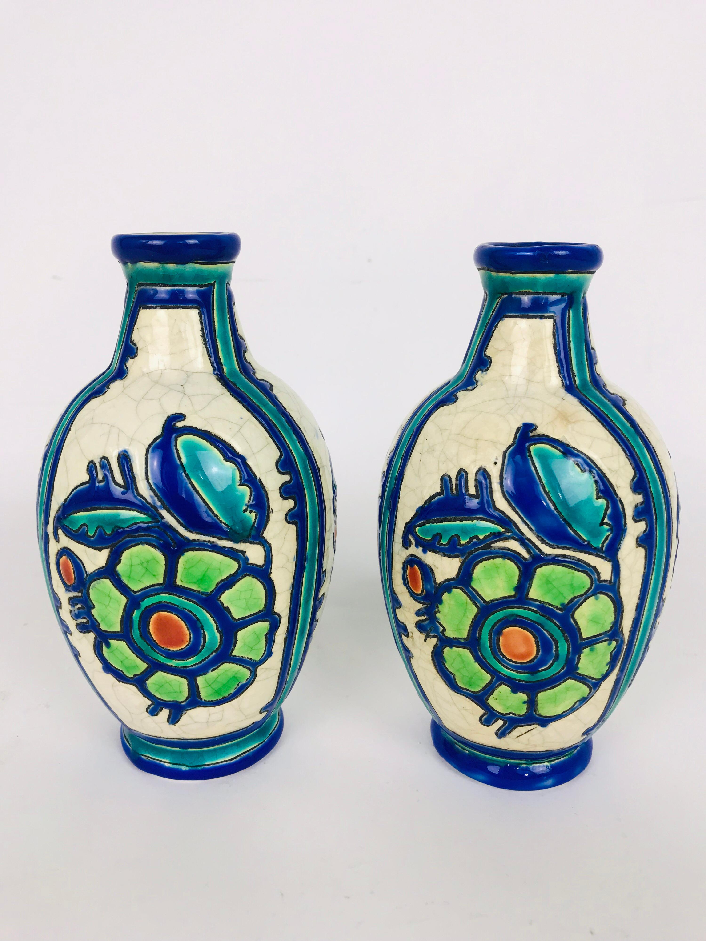 Art Deco Pair of 1920s Boch Freres Vases, Belgium