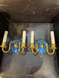 Pair 1920's Bronze and Beveled Cobalt Glass Sconces