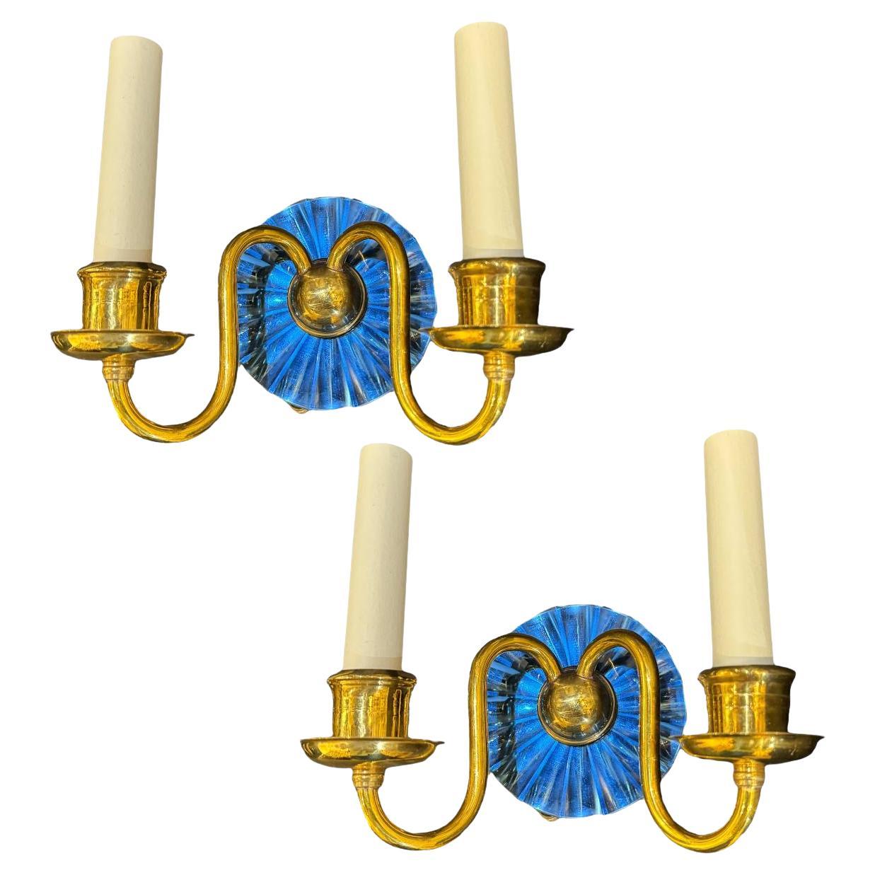Pair 1920's Bronze and Beveled Cobalt Glass Sconces