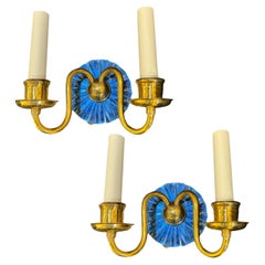 Pair 1920's Bronze and Beveled Cobalt Glass Sconces