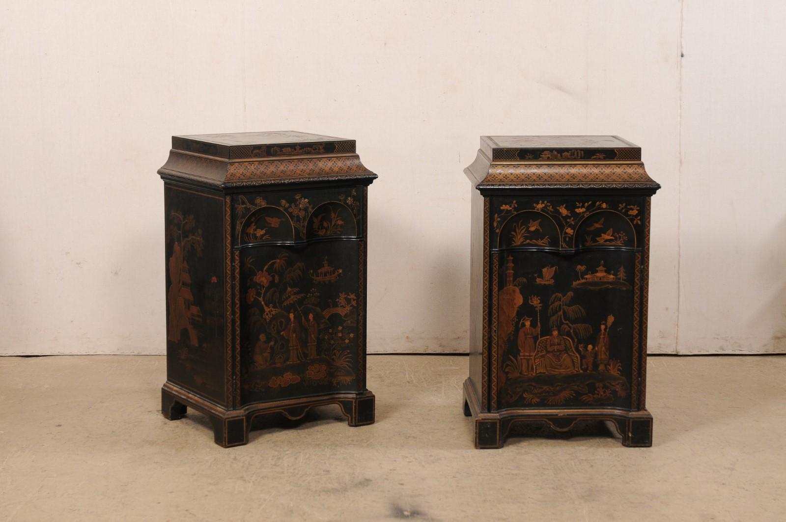 An early 20th century pair of smaller-sized wooden cabinets with chinoiserie embellishments, designed and made by The Haden Company, New York. This antique pair of Asian side chests are nicely designed with pagoda inspired tops above a case which