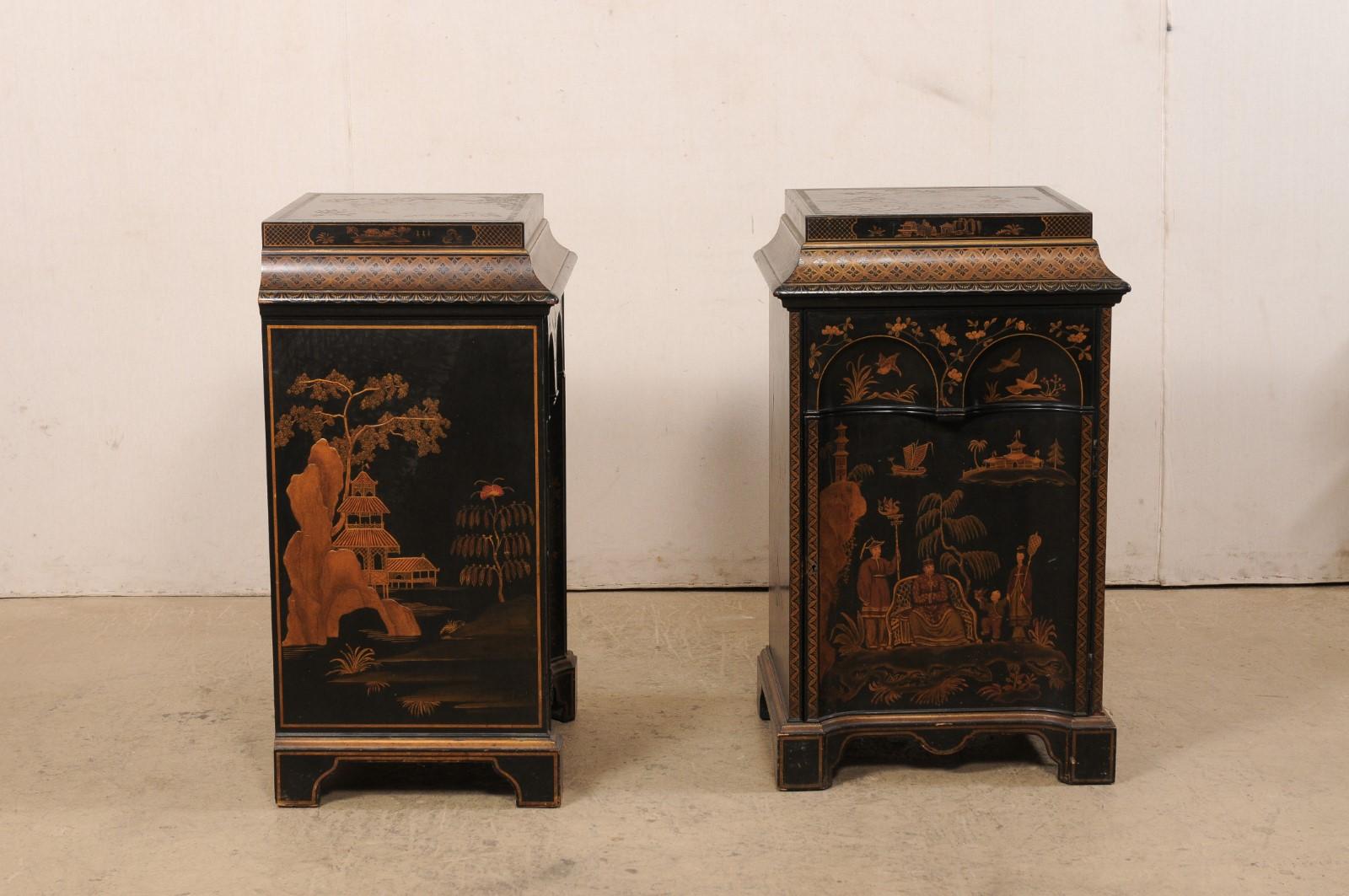Pair 1920's Chinoiserie Painted Side-Chest Cabinets In Good Condition For Sale In Atlanta, GA