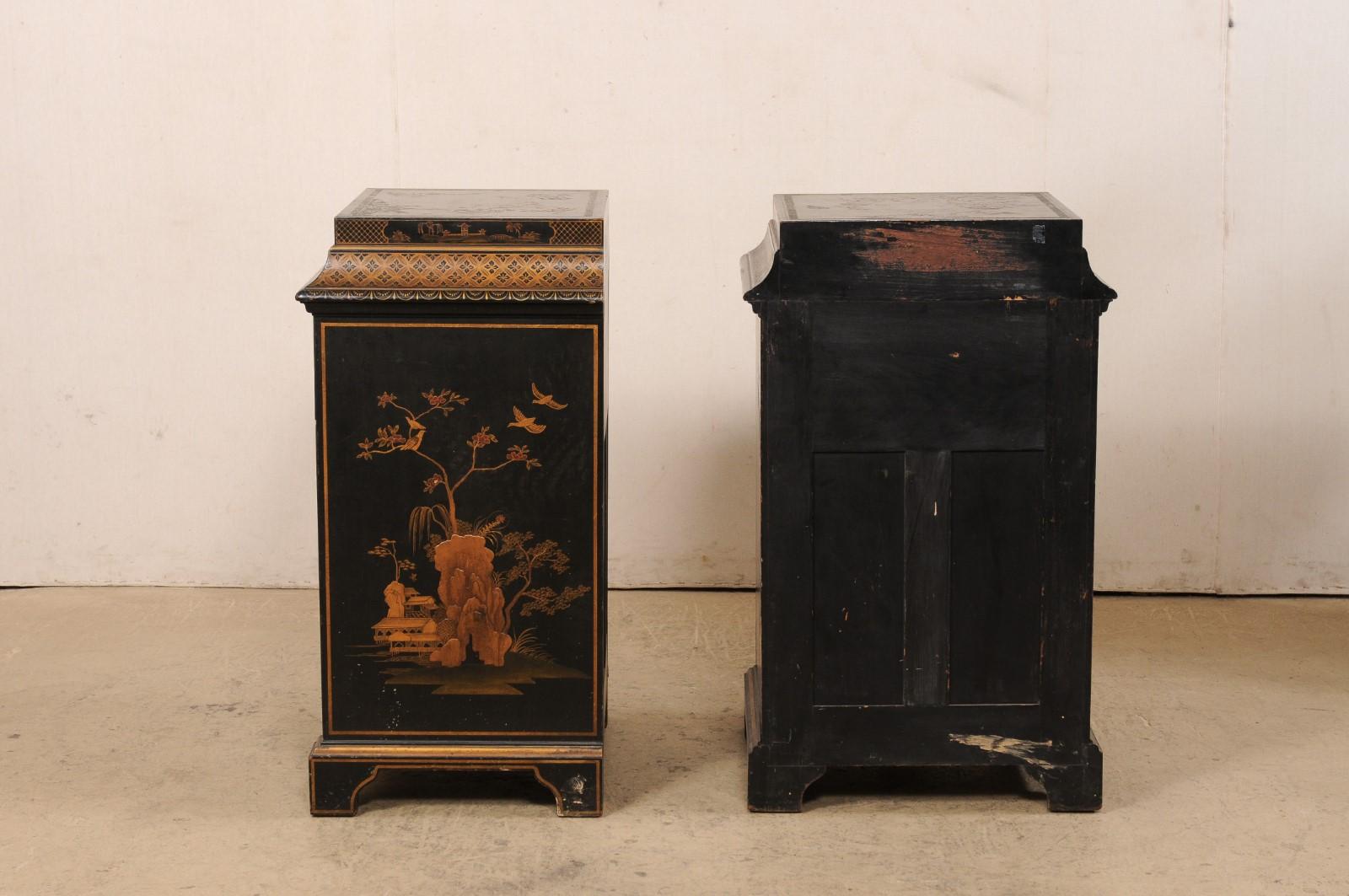 Wood Pair 1920's Chinoiserie Painted Side-Chest Cabinets For Sale