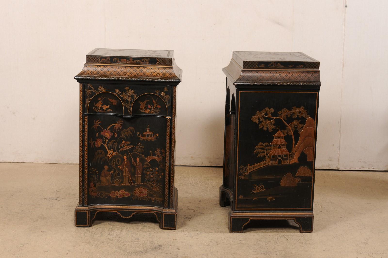Pair 1920's Chinoiserie Painted Side-Chest Cabinets For Sale 1