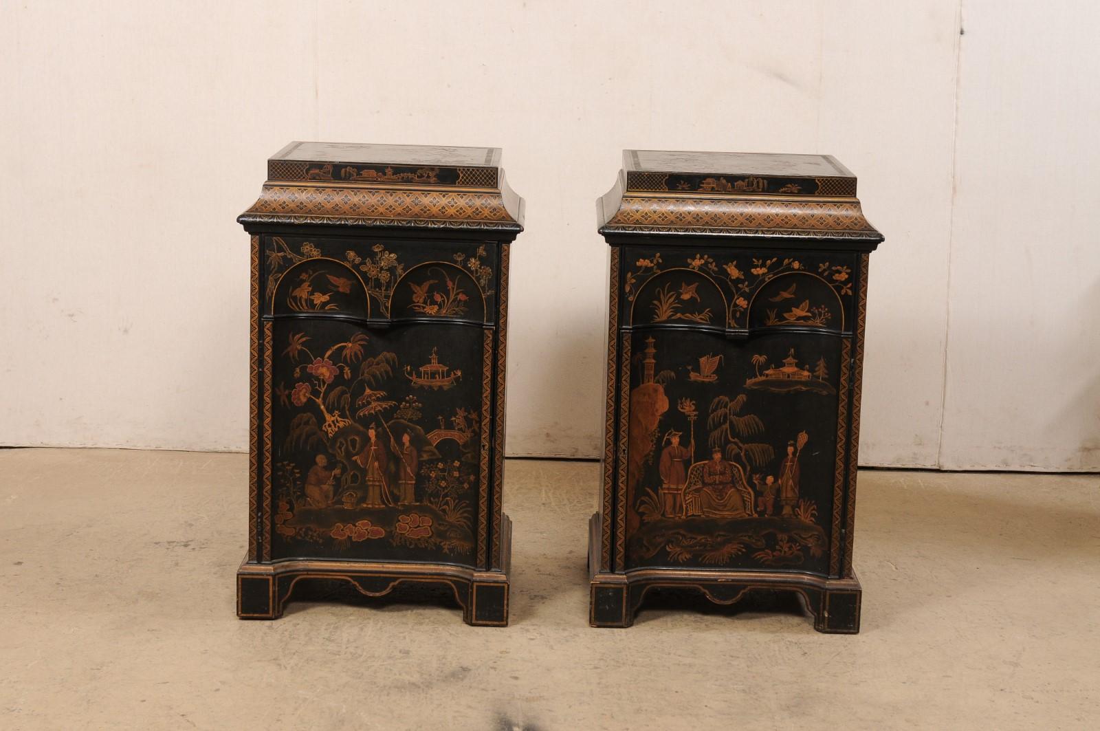 Pair 1920's Chinoiserie Painted Side-Chest Cabinets For Sale 2