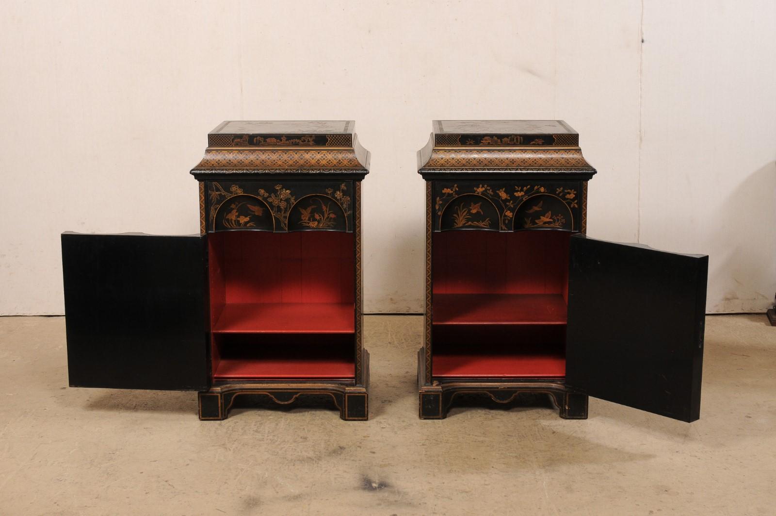 Pair 1920's Chinoiserie Painted Side-Chest Cabinets For Sale 3