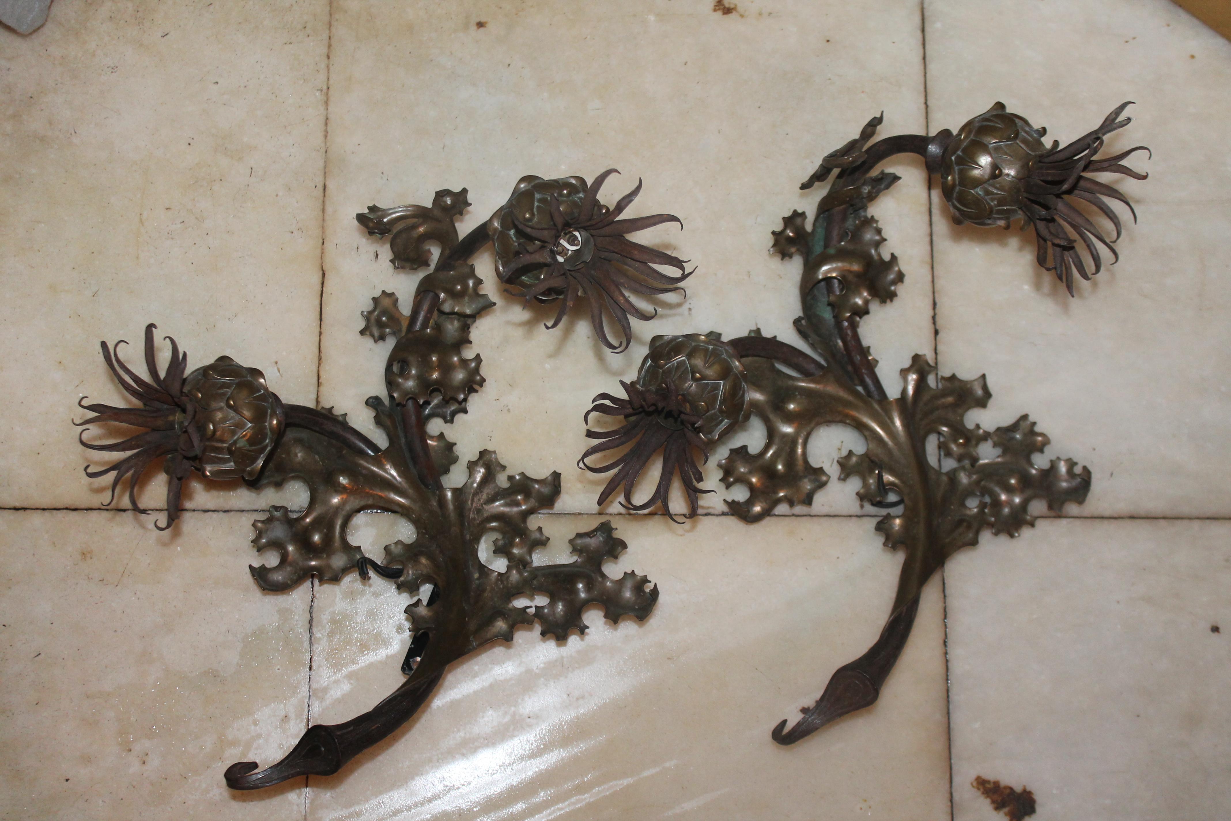 Rare Pair of French Art Deco 1920's Floral on Vines Bronze Wall Sconces. Attributed to Maison Jansen. Very high quality, heavy pair of  Sconces. All parts cast seperately and Artisan formed.