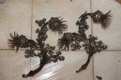 Pair 1920's French Art Deco Brutalist Floral Form Detailed Bronze Sconces