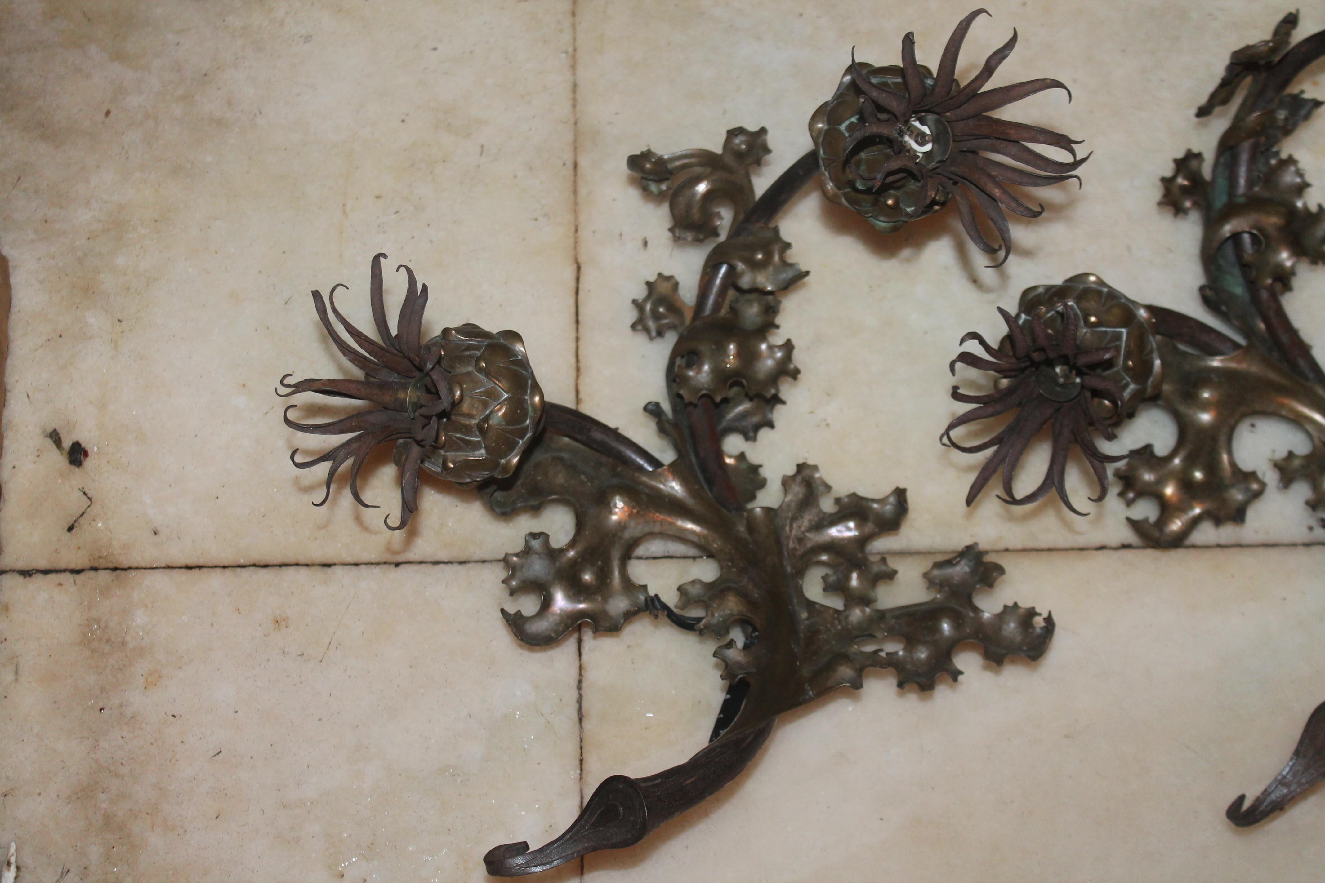 Pair 1920's French Art Deco Brutalist Floral Form Detailed Bronze Sconces Jansen In Good Condition For Sale In Opa Locka, FL