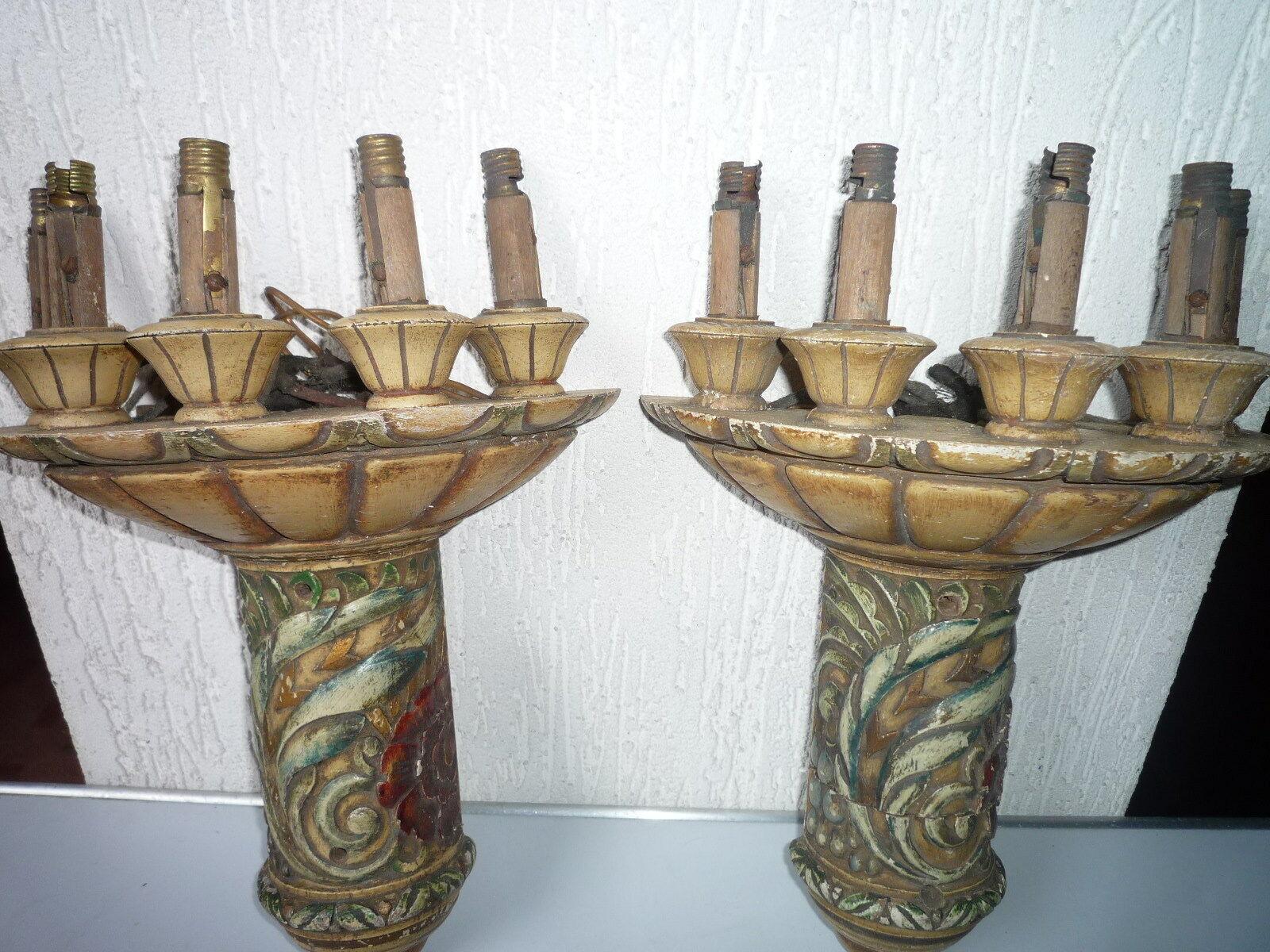 Pair 1920's French Art Deco Carved & Patinated Wood Wall Sconces - Theater Prov. For Sale 2
