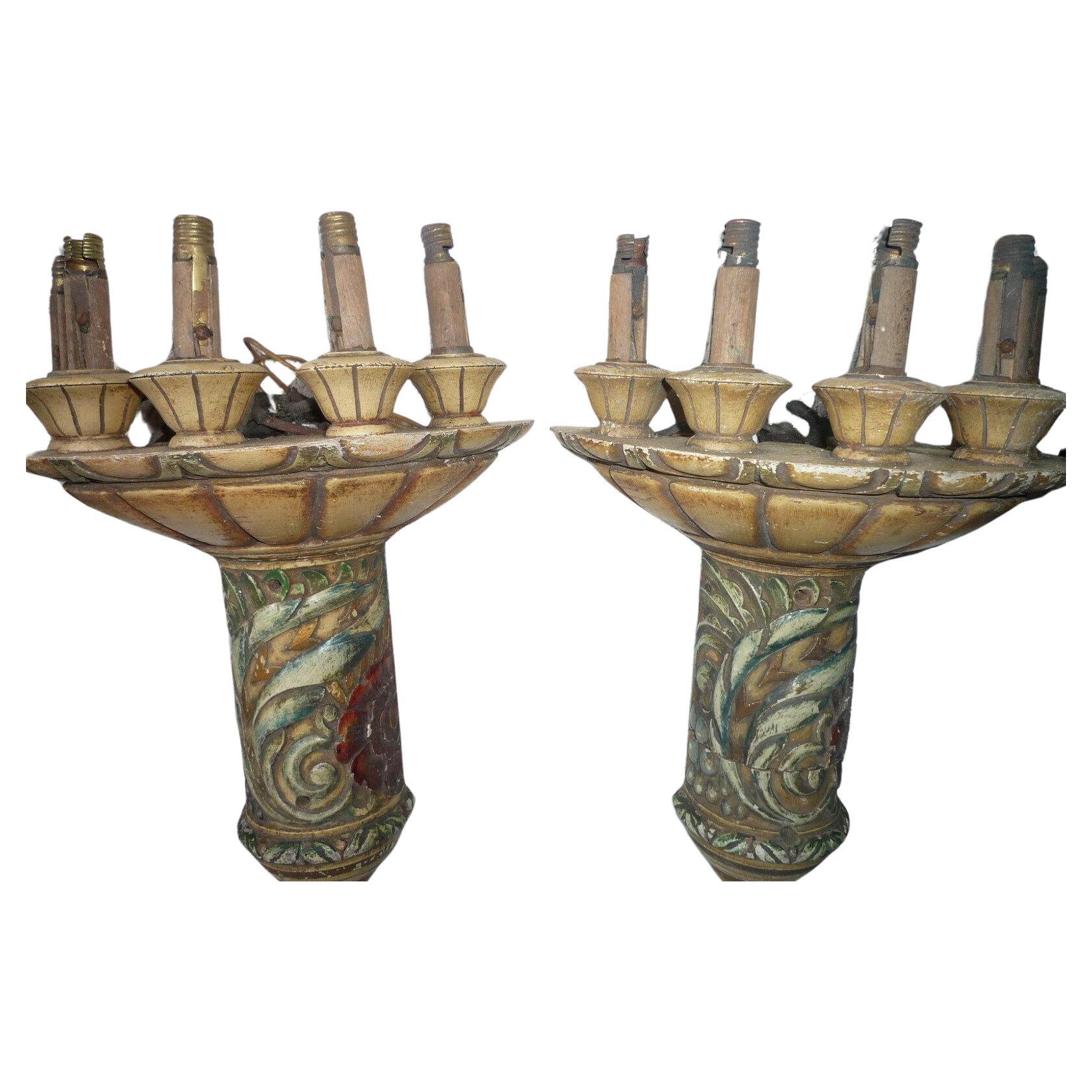 Pair 1920's French Art Deco Carved & Patinated Wood Wall Sconces - Theater Prov. For Sale