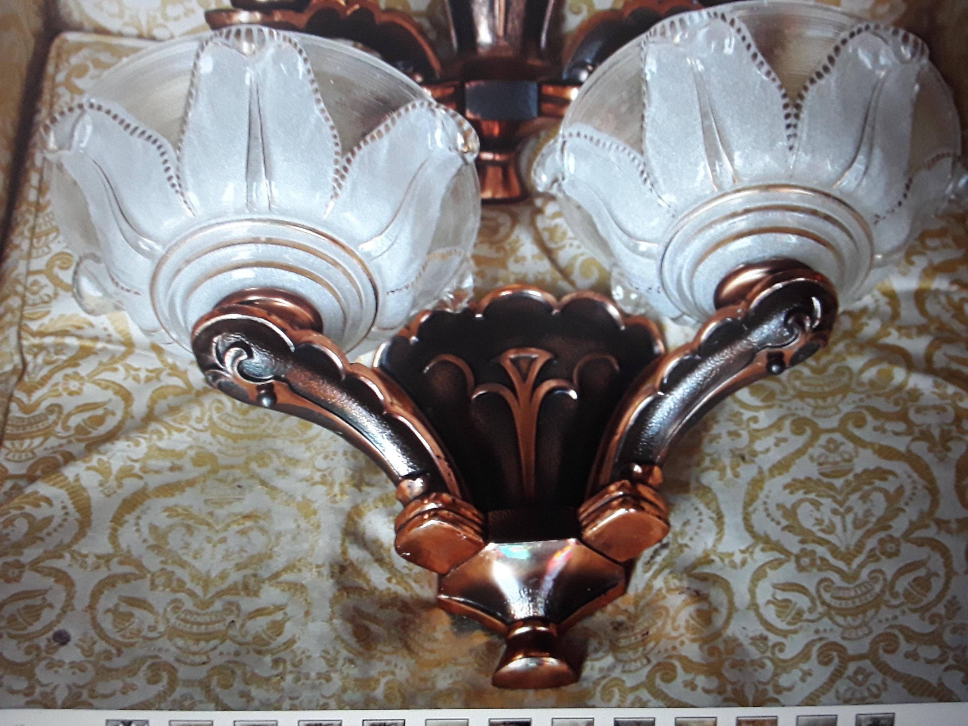 Pair 1920's French Art Deco Copper Cast with Art Glass Wall Sconces For Sale 6