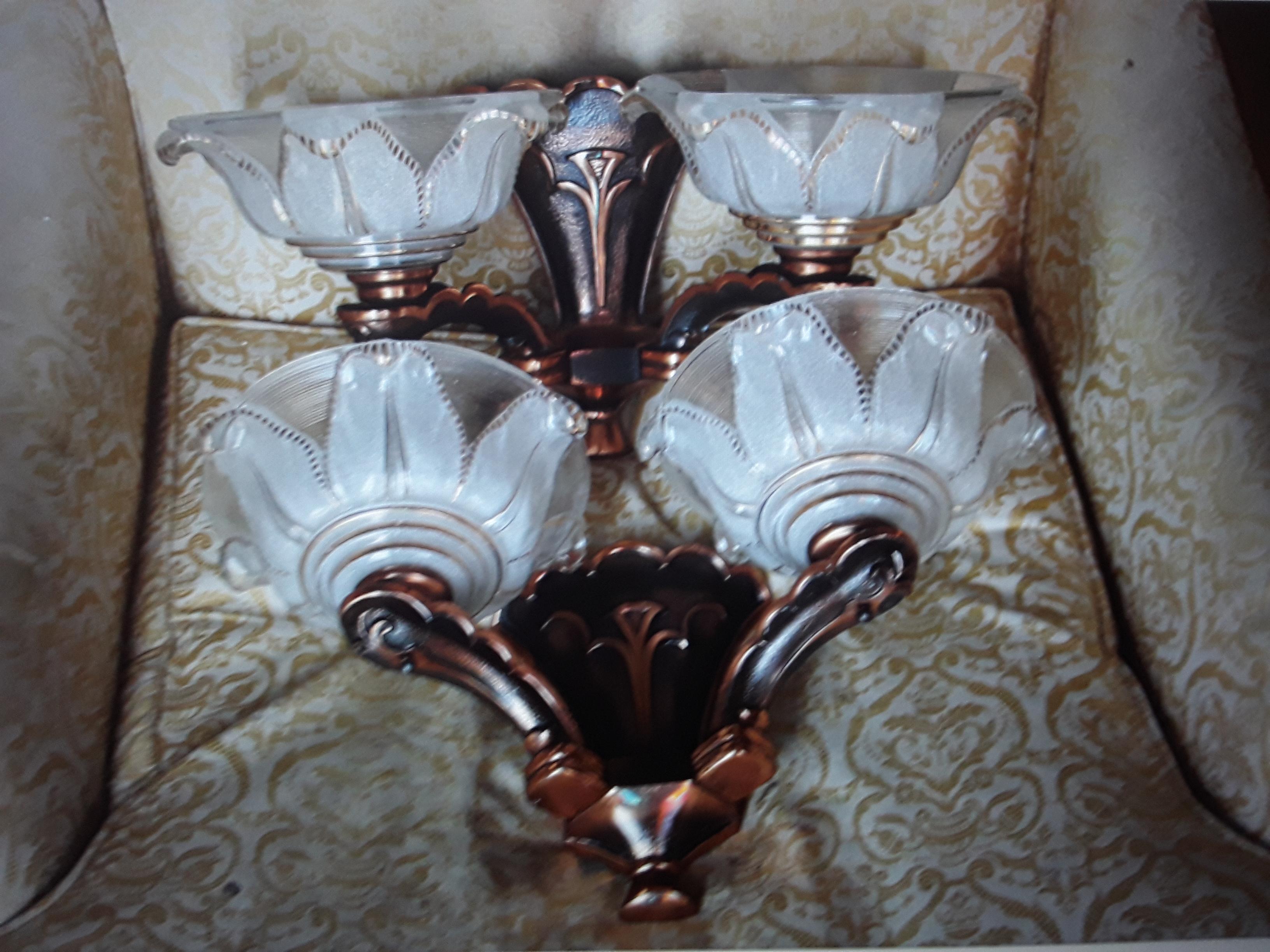 Pair 1920's French Art Deco Copper Cast with Art Glass Wall Sconces For Sale 8