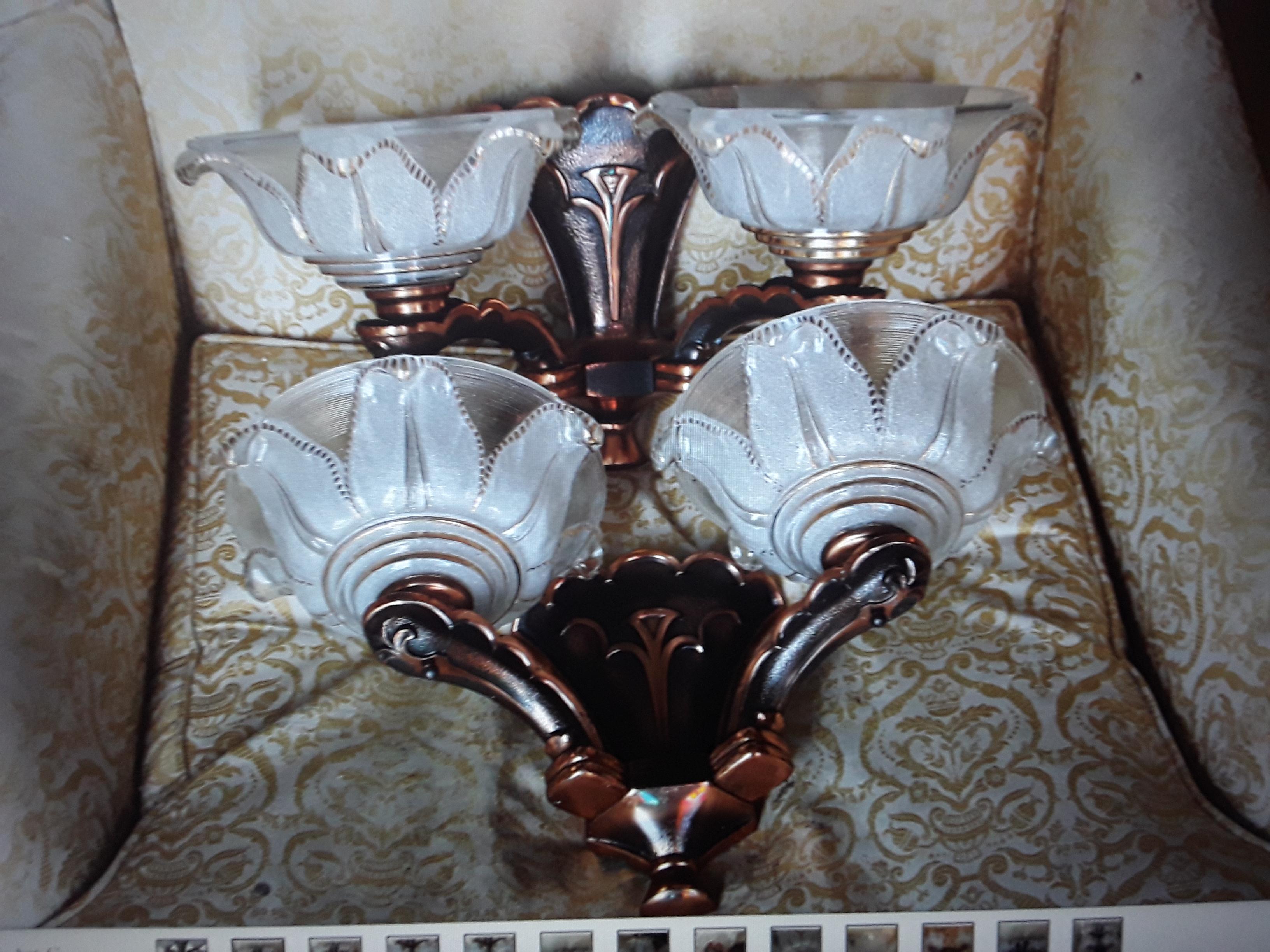 Pair 1920's French Art Deco Copper Cast with Art Glass Wall Sconces For Sale 9