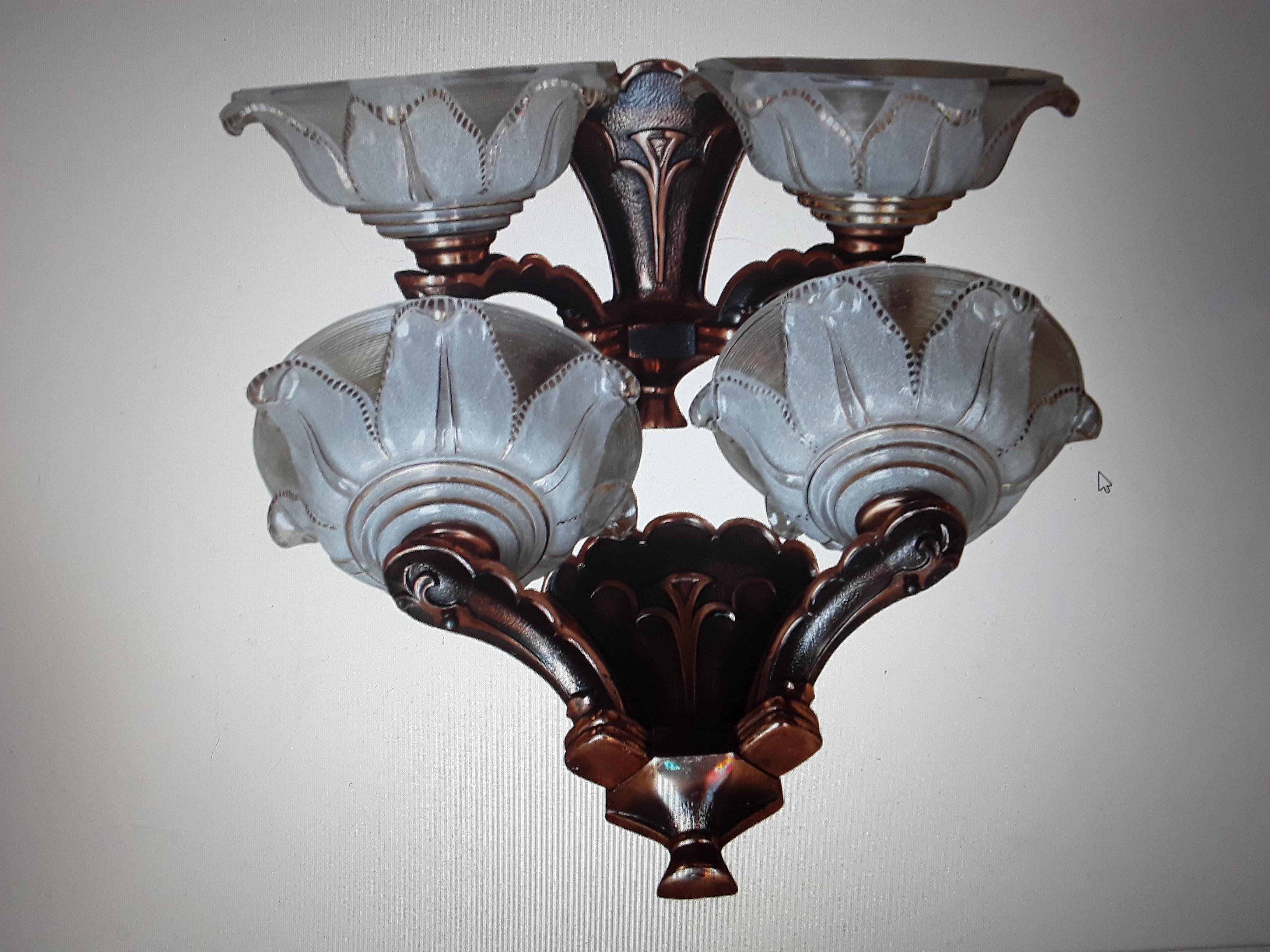 Pair 1920's French Art Deco Copper Cast with Art Glass Wall Sconces For Sale 10
