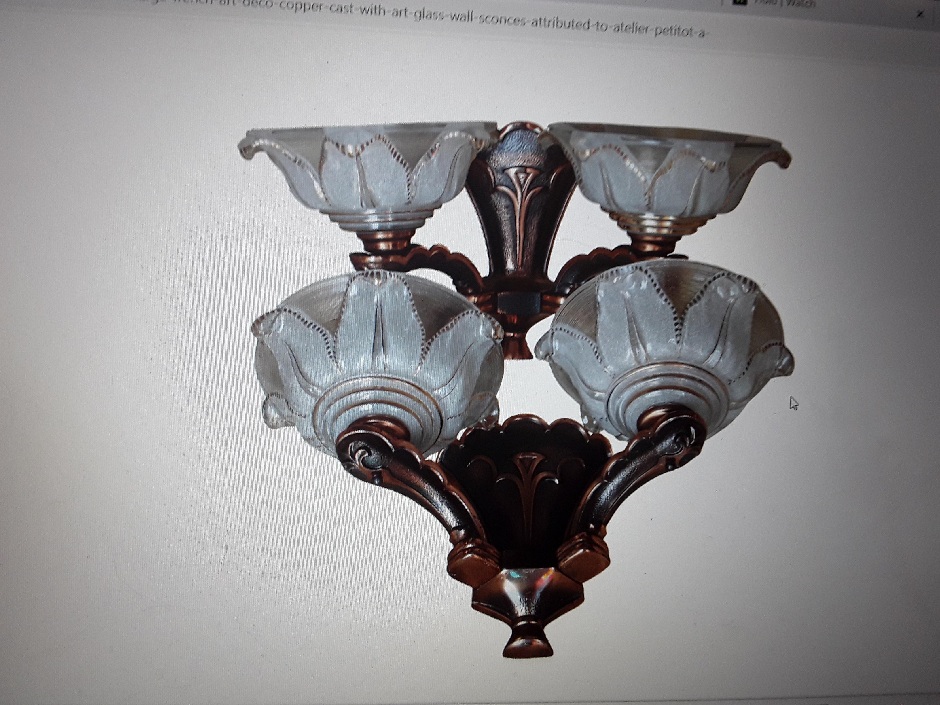 Pair 1920's French Art Deco Copper Cast with Art Glass Wall Sconces For Sale 11