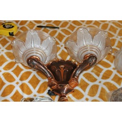 Pair 1920's French Art Deco Copper Cast with Art Glass Wall Sconces