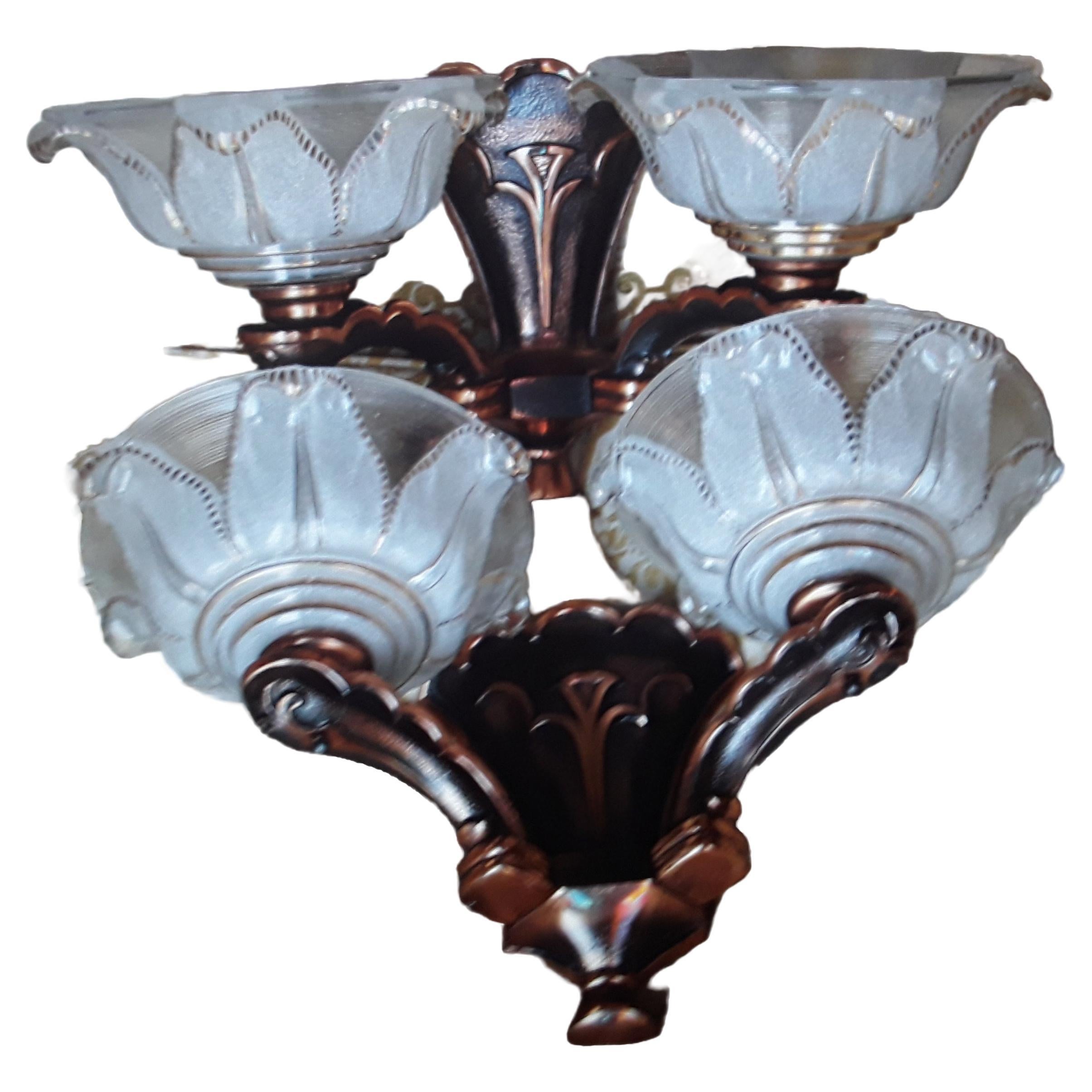 Pair 1920's French Art Deco Copper Cast with Art Glass Wall Sconces For Sale