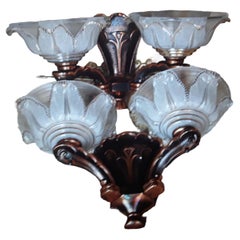 Antique Pair 1920's French Art Deco Copper Cast with Art Glass Wall Sconces