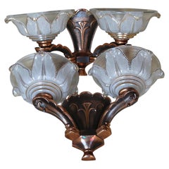 Pair 1920's French Art Deco Copper Cast with Art Glass Wall Sconces