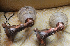 Pair 1920s French Art Deco Copper w/ Frosted Glacier Glass Shades attrib Petitot
